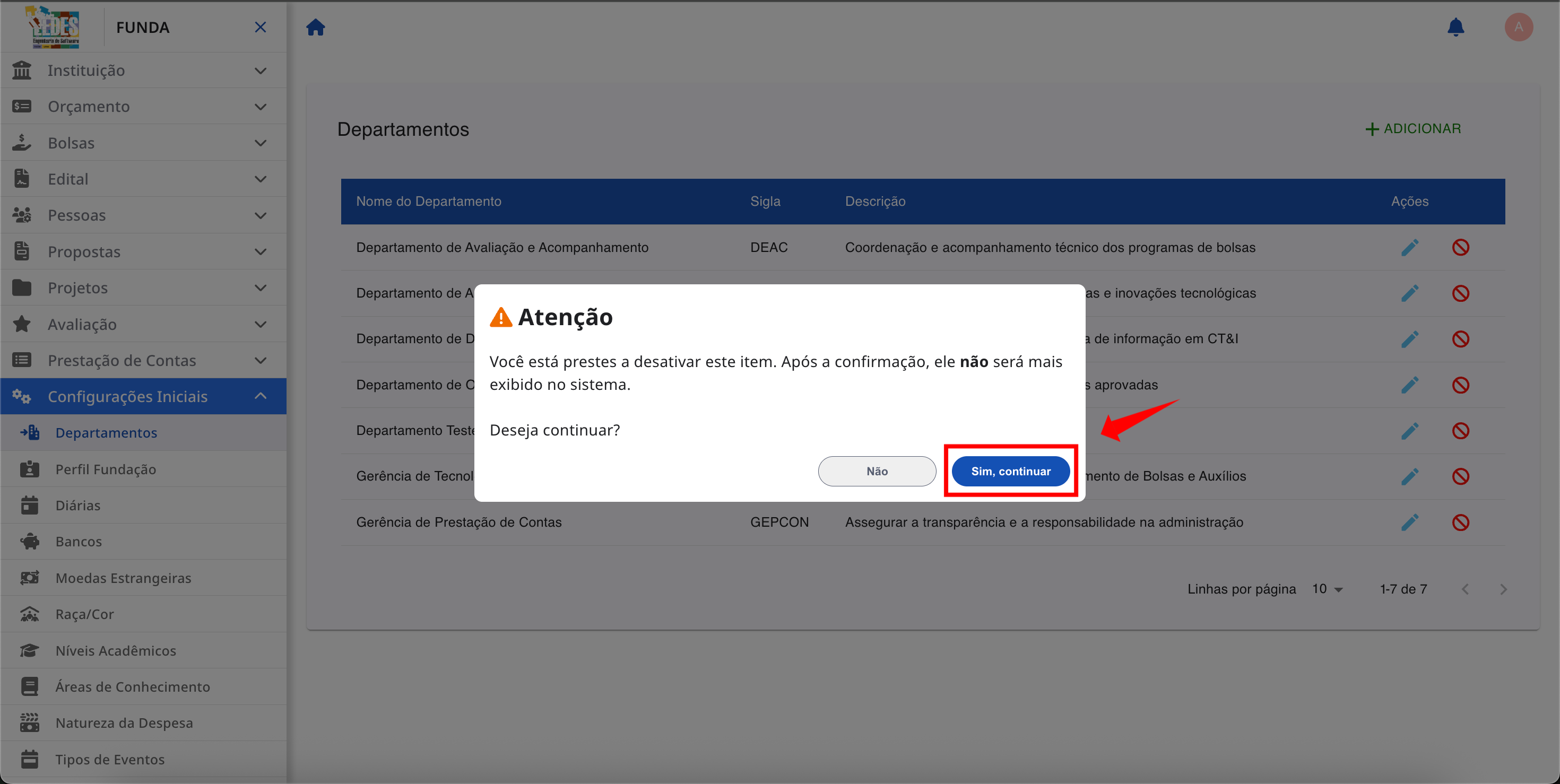 Janela de confirmação para desativar o item.