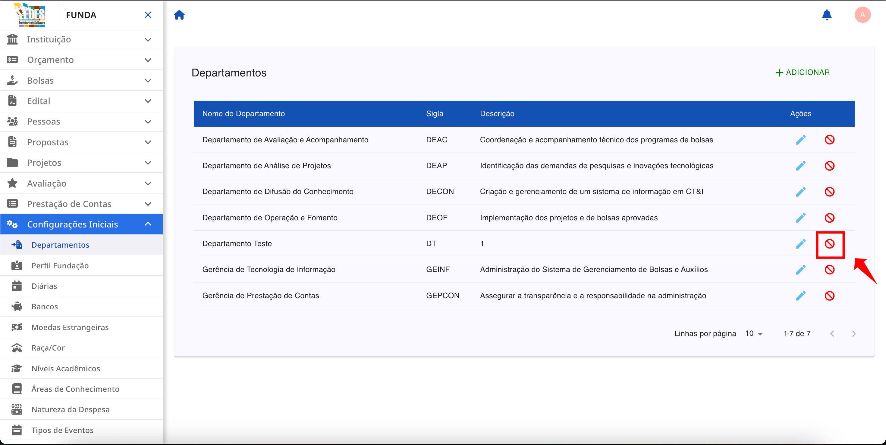 Ícone de bloqueio para desativar um departamento.