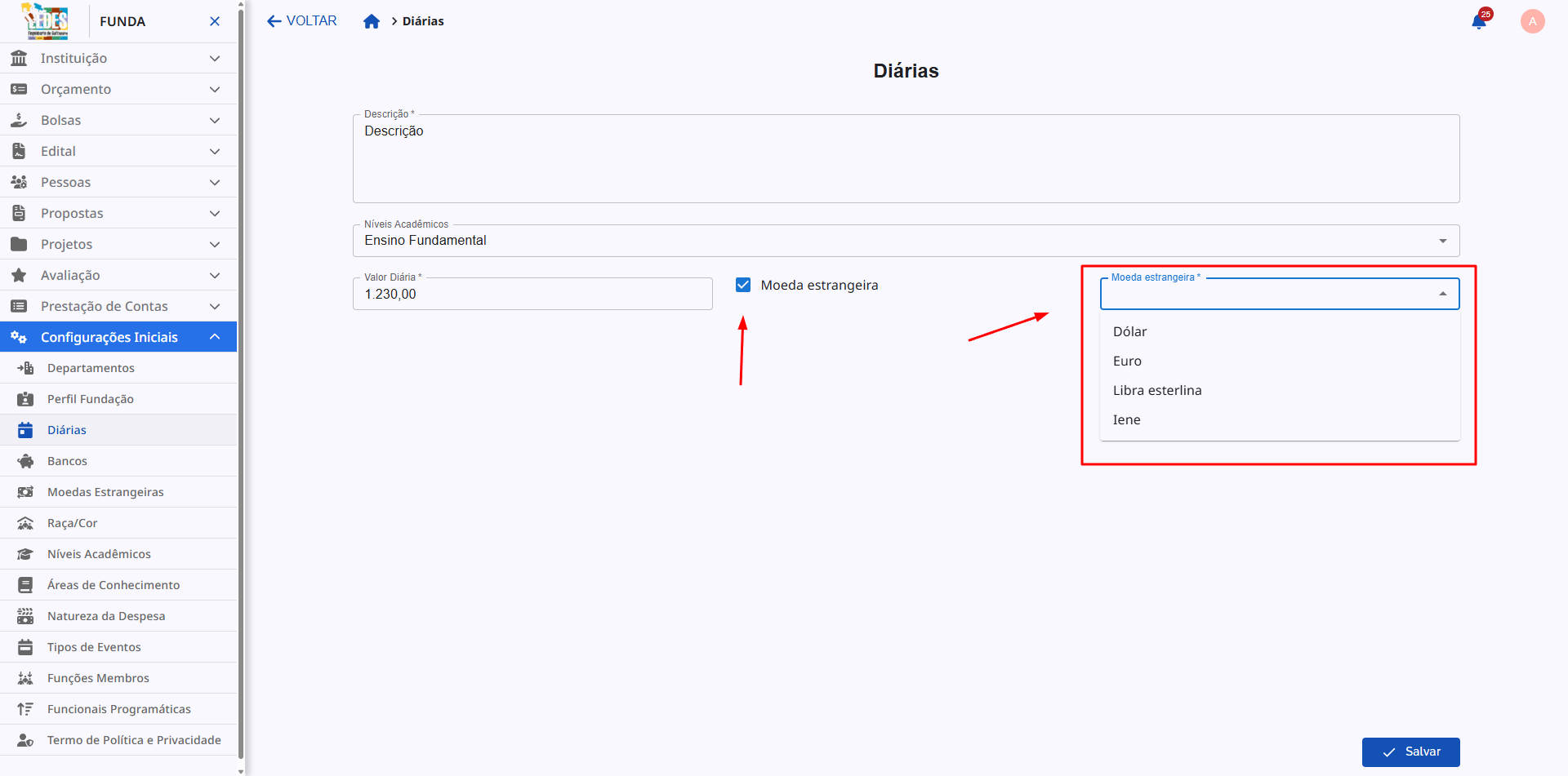 Formulário de adição com a opção de Moeda Estrangeira marcada.