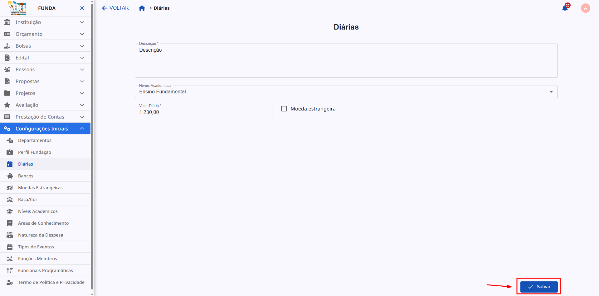 Formulário de adição de uma nova diária.