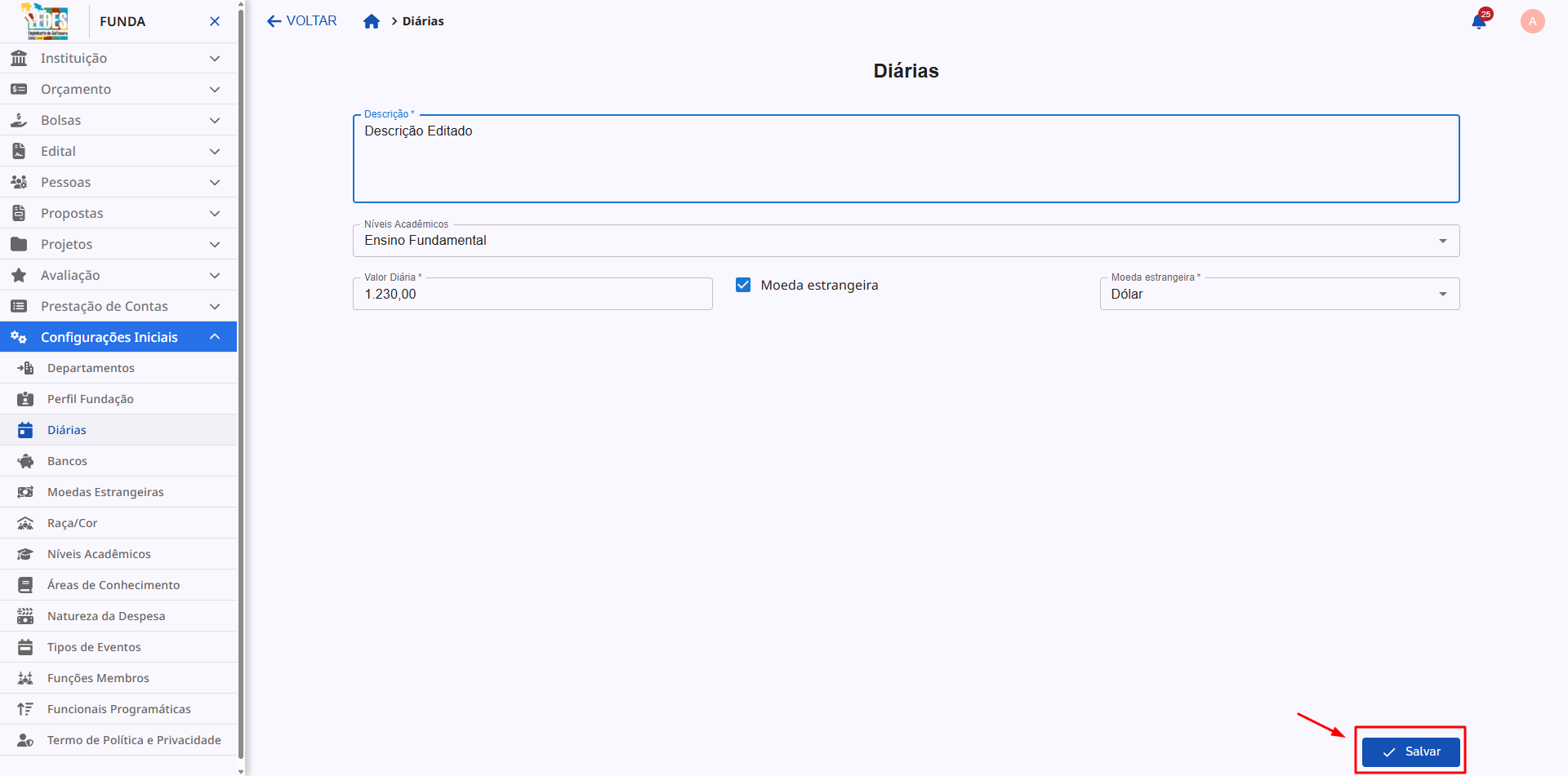 Salvando as alterações na tela de edição.