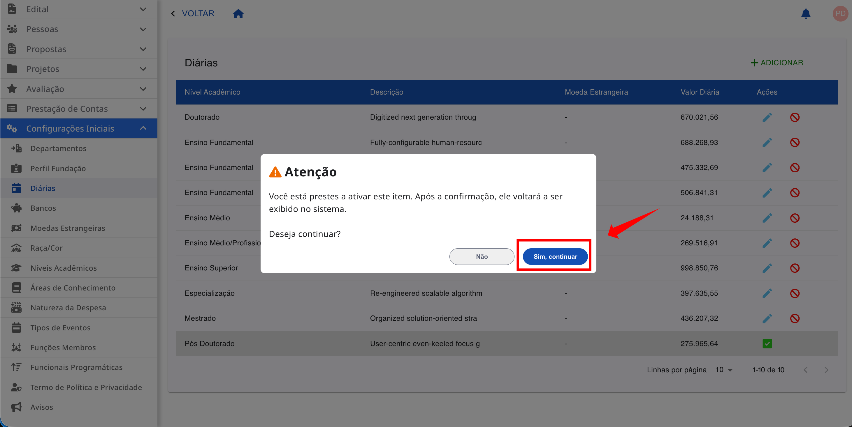 Ícone de _check_ para reativar uma diária.