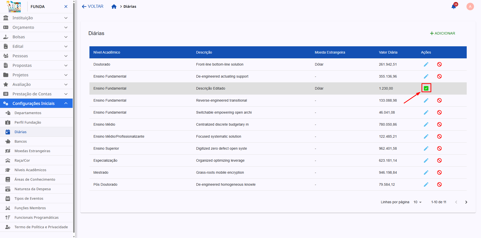 Ícone de check para reativar uma diária.