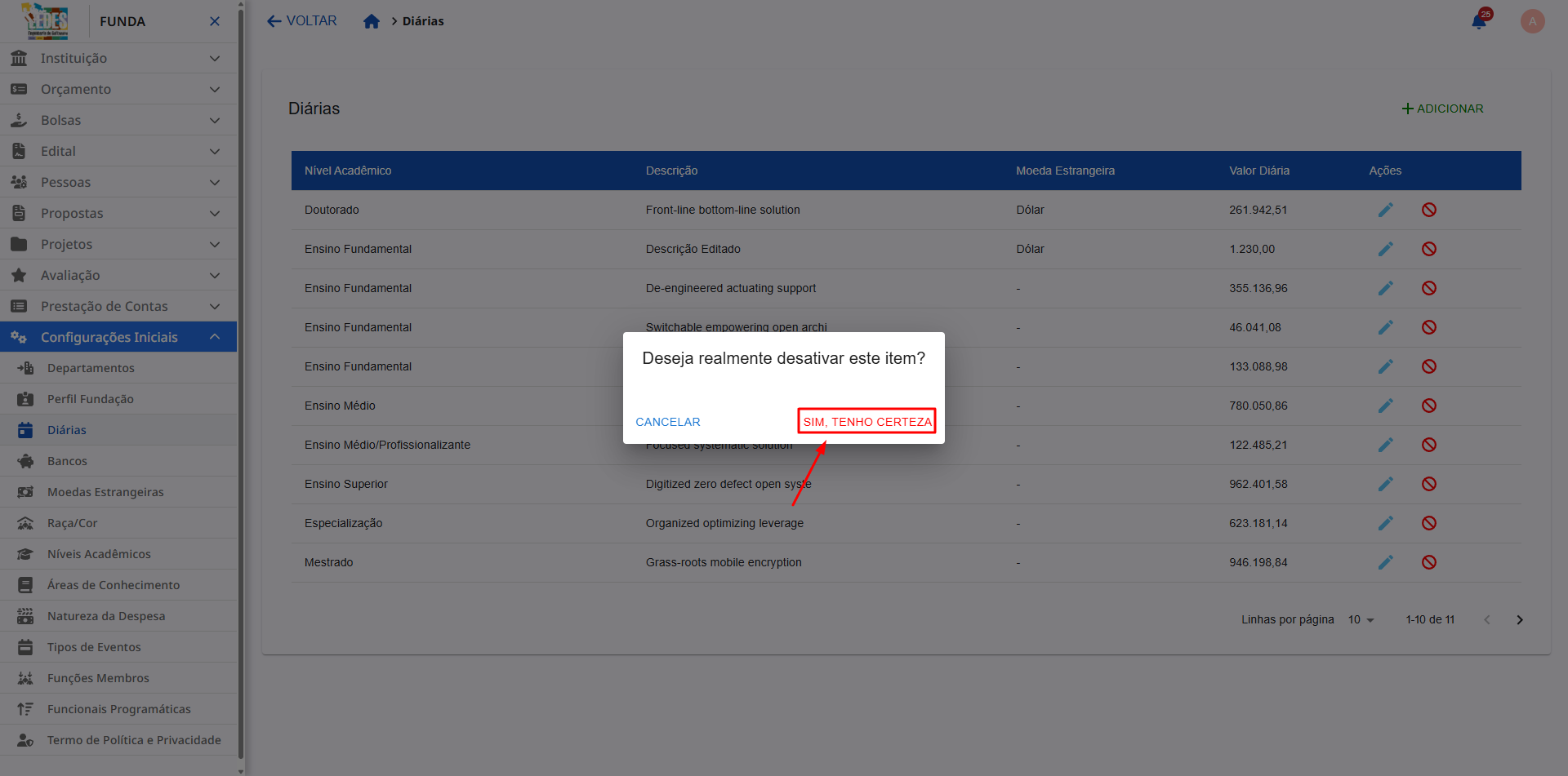 Janela de confirmação para desativar o item.