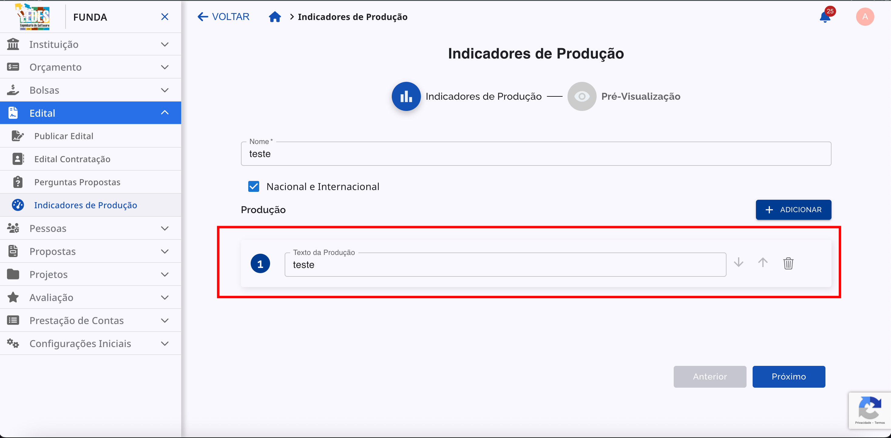 Formulário de criação de um novo indicador.
