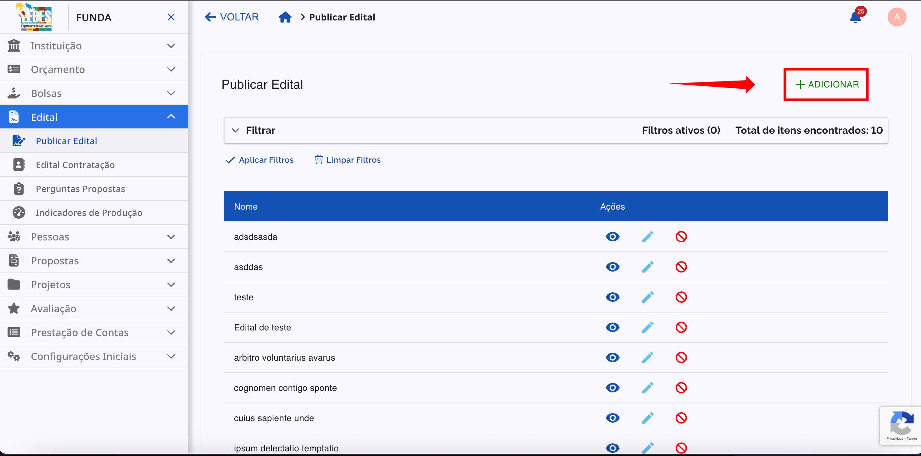 Tela principal de Publicar Edital com o botão Adicionar destacado.