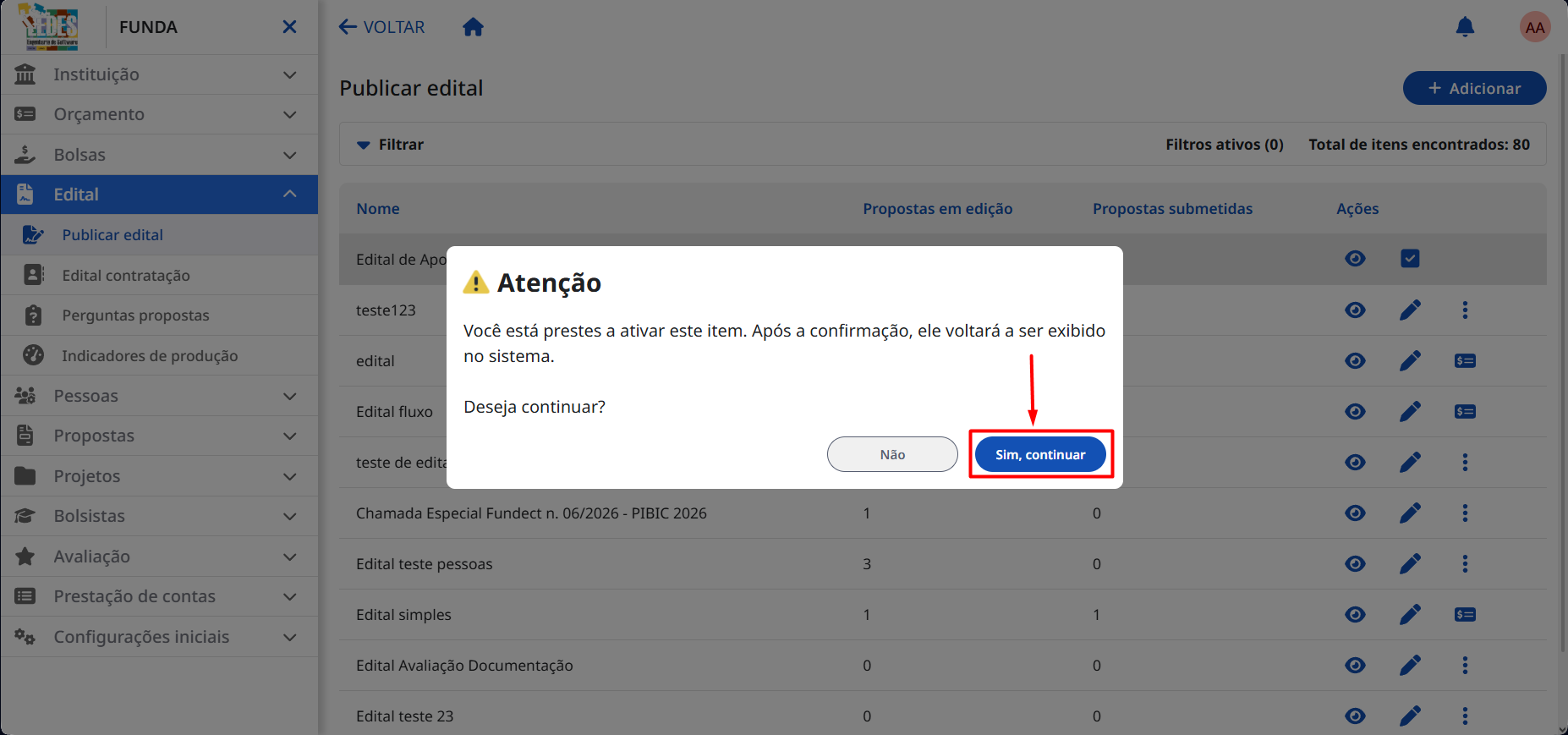 Janela de confirmação para desativar o item.