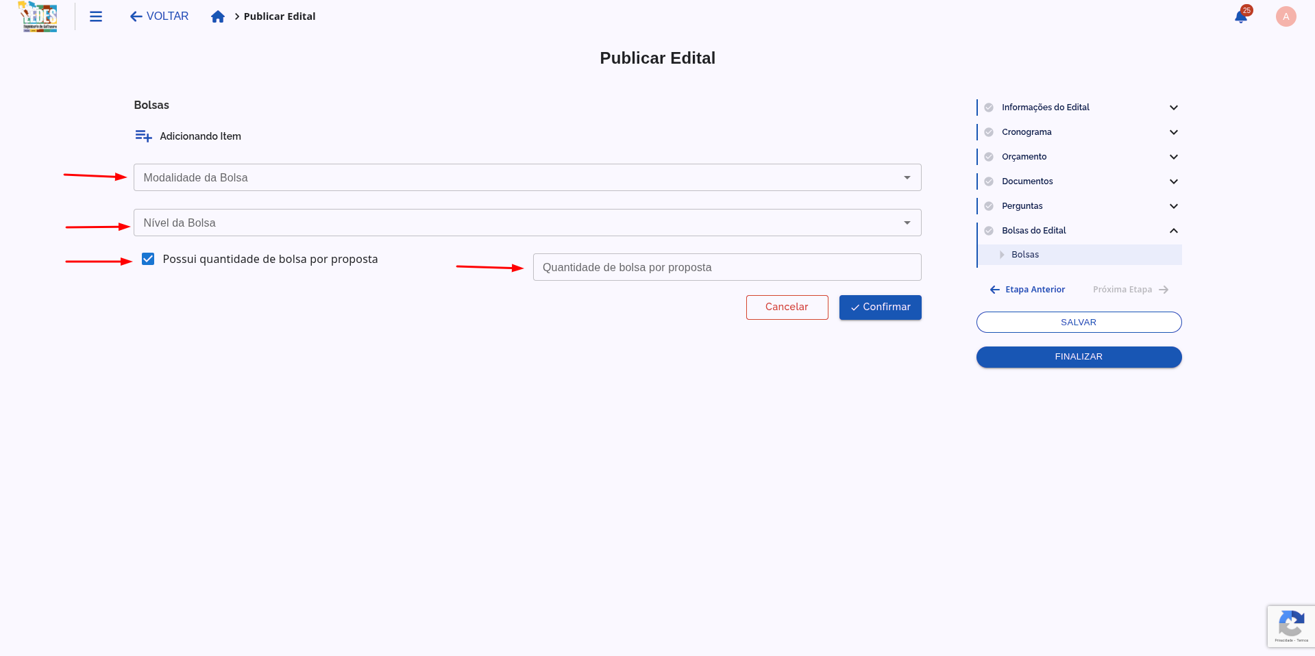 Formulário de Adicionar Bolsa.