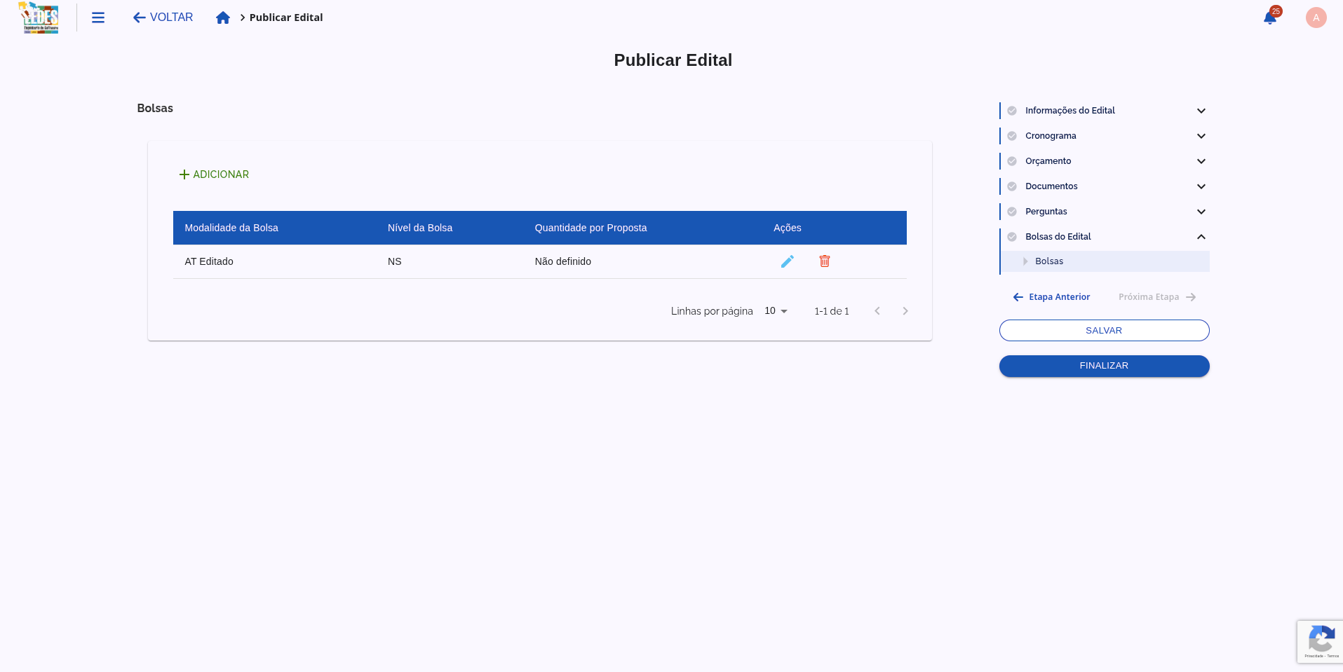Botão para adicionar uma nova bolsa ao edital.