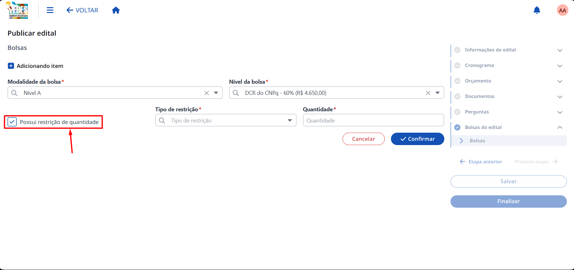 Checkbox de restrição de quantidade.
