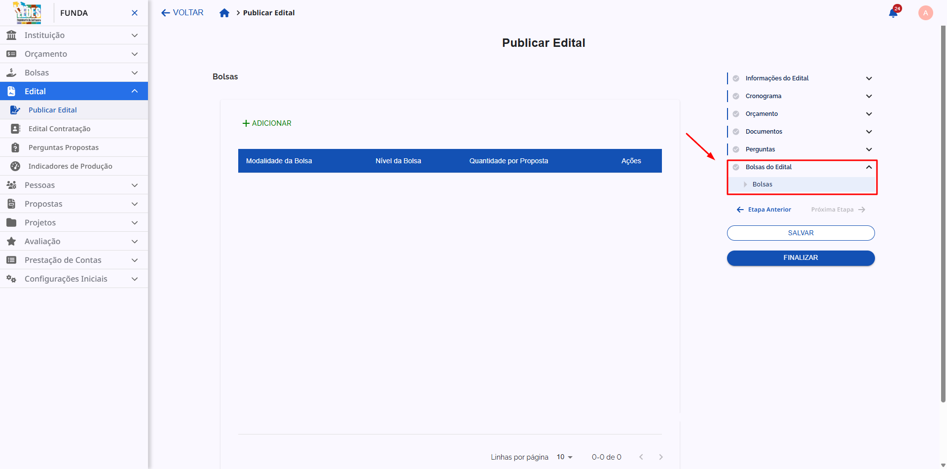 Navegação da etapa de Bolsas do Edital.