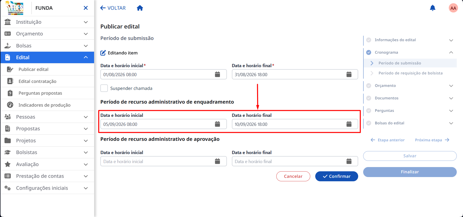 Data inicial e final para o recurso de enquadramento.