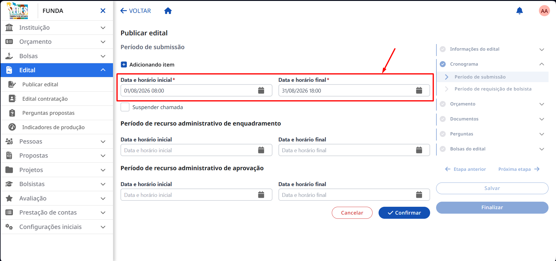 Data inicial e final do período de submissão.