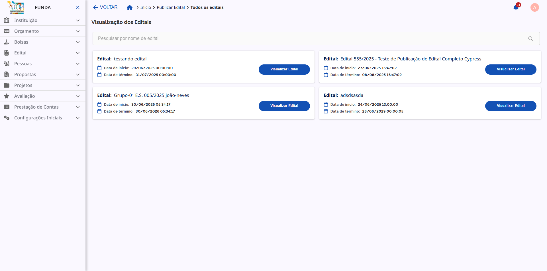 Portal público com o edital já suspenso ou removido da lista.