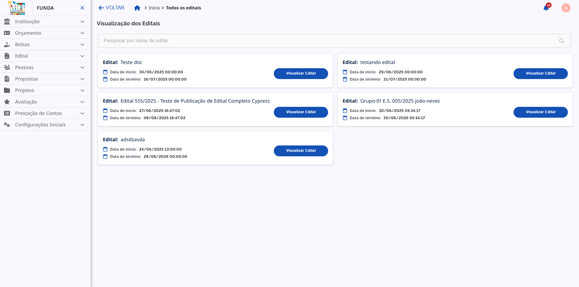 Portal público mostrando o edital como aberto.