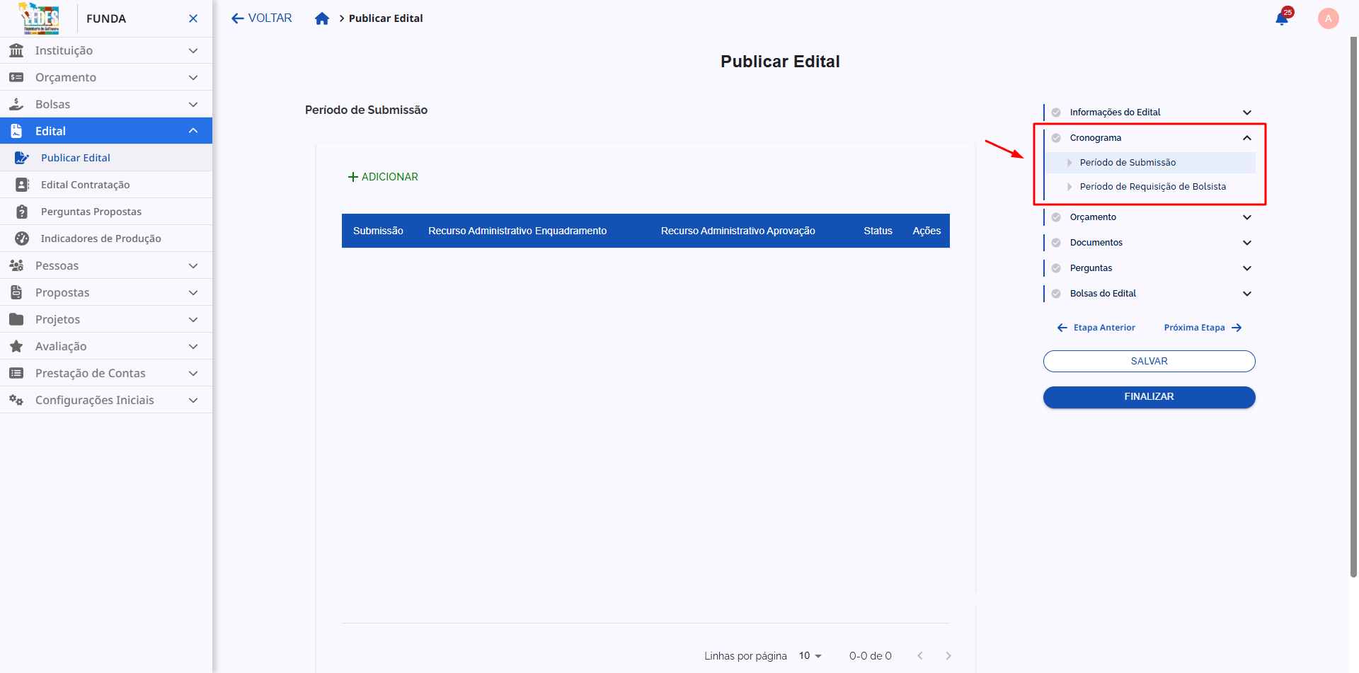 Navegação da etapa de Cronograma dentro da configuração do edital.