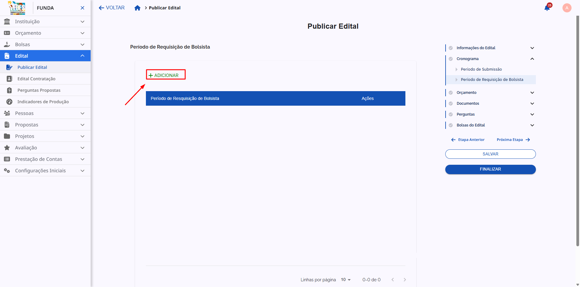 Botão para adicionar um novo período de requisição de bolsista.