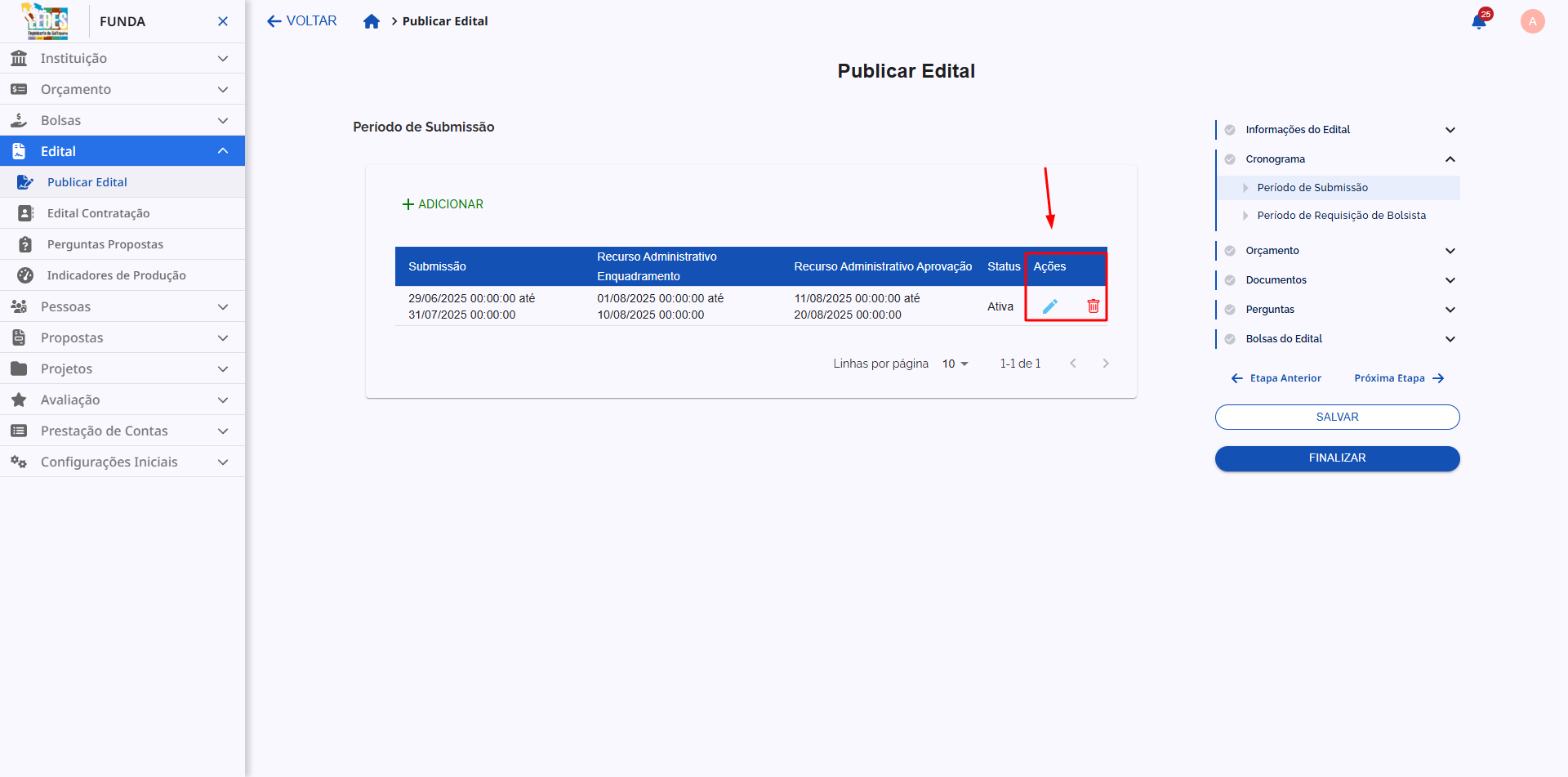 Coluna "Ações" mostrando os ícones para Editar, Excluir e Suspender um período.