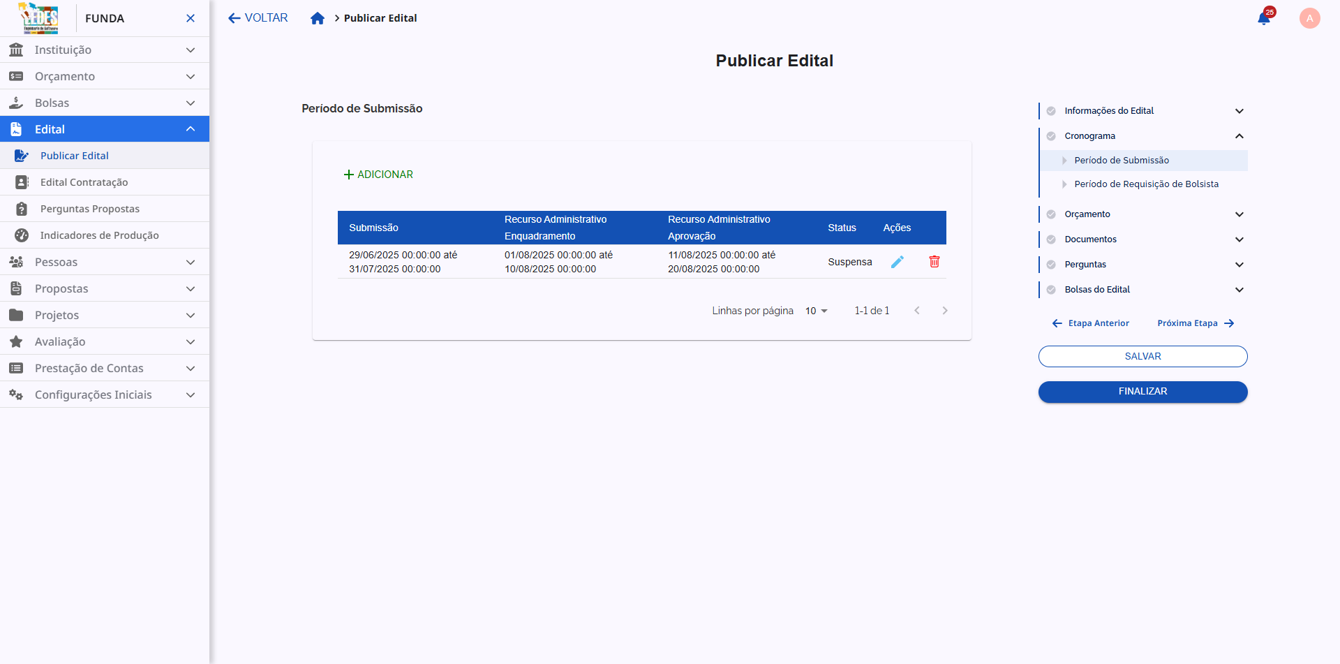 Tela mostrando o status da chamada como "Suspensa".