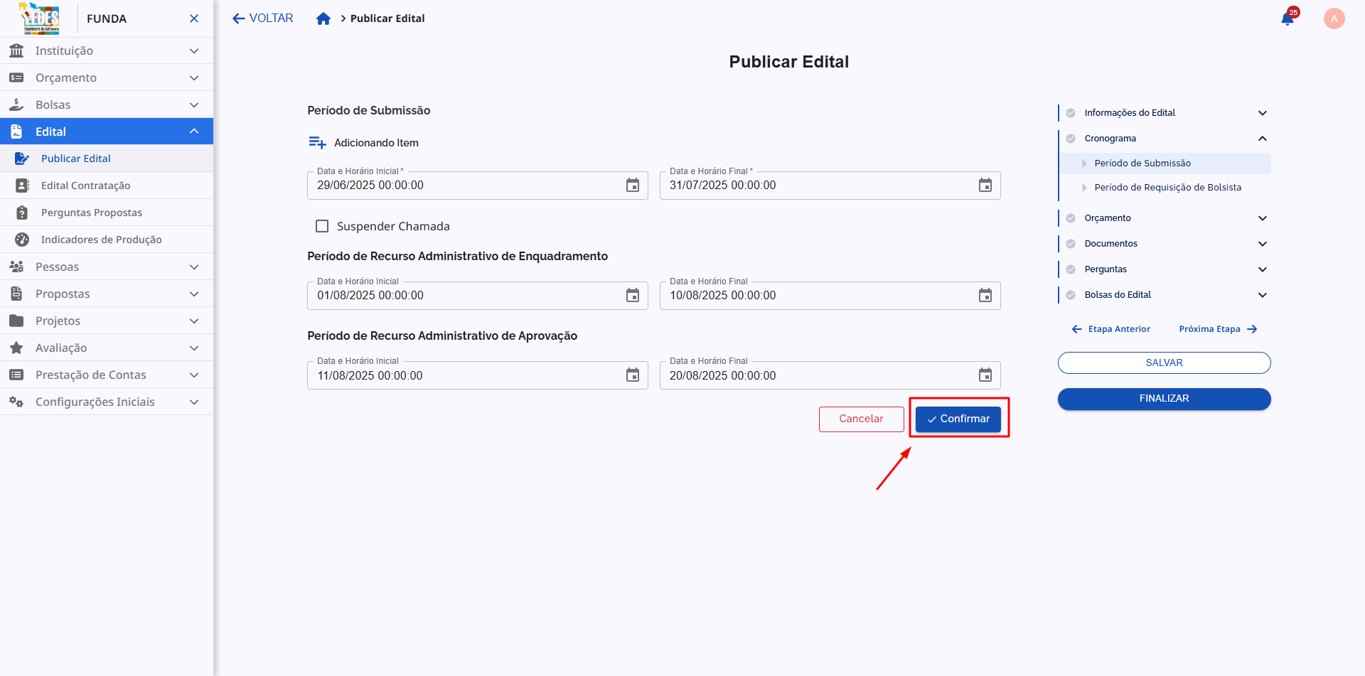 Formulário de Período de Submissão preenchido e botão Confirmar em destaque.