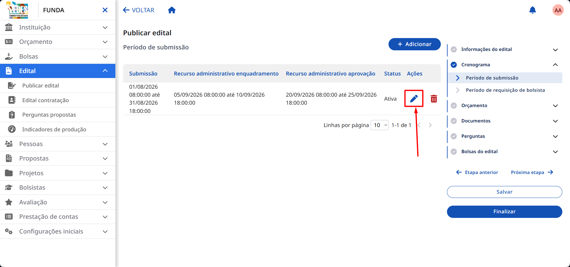 Clicando no ícone de editar