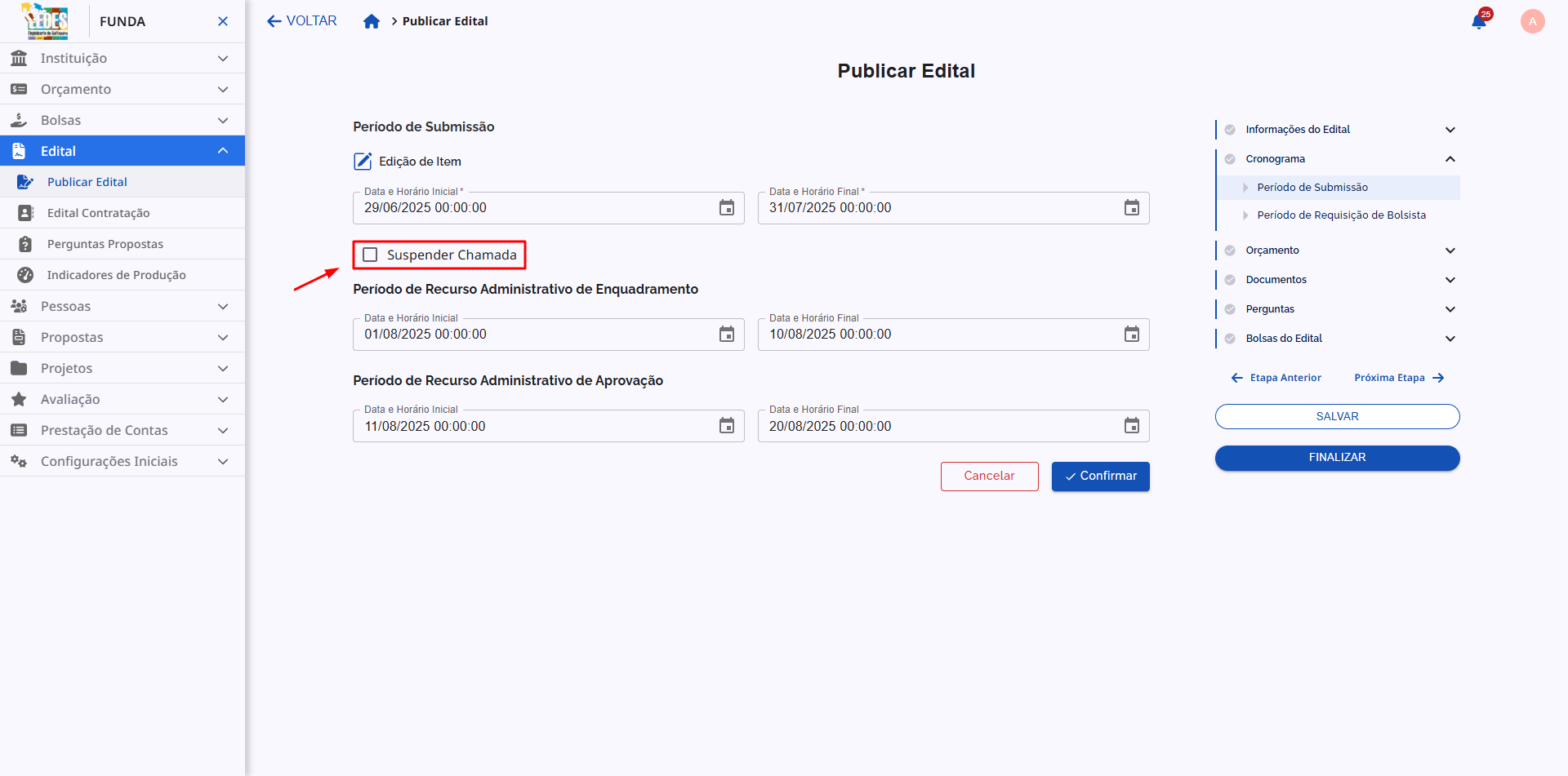Clicando no ícone para suspender uma chamada ativa.