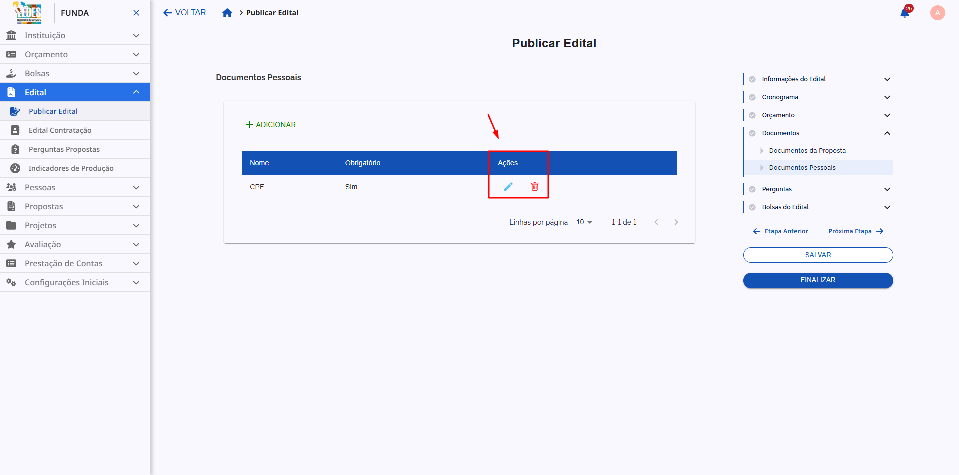 Ações para um documento pessoal já adicionado ao edital.