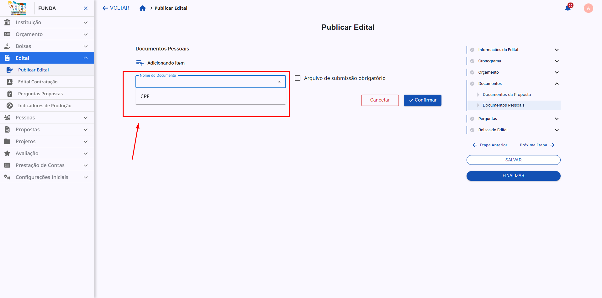 Campo de seleção para escolher um tipo de documento pessoal pré-cadastrado.