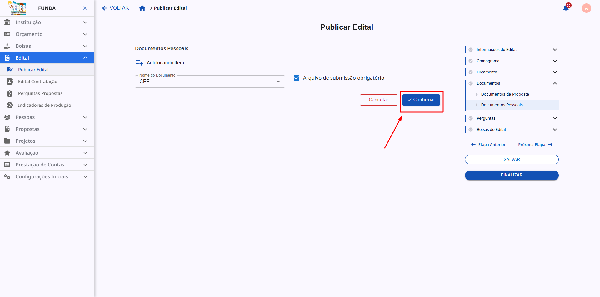 Botão 'Salvar' destacado no formulário de documento pessoal do edital.