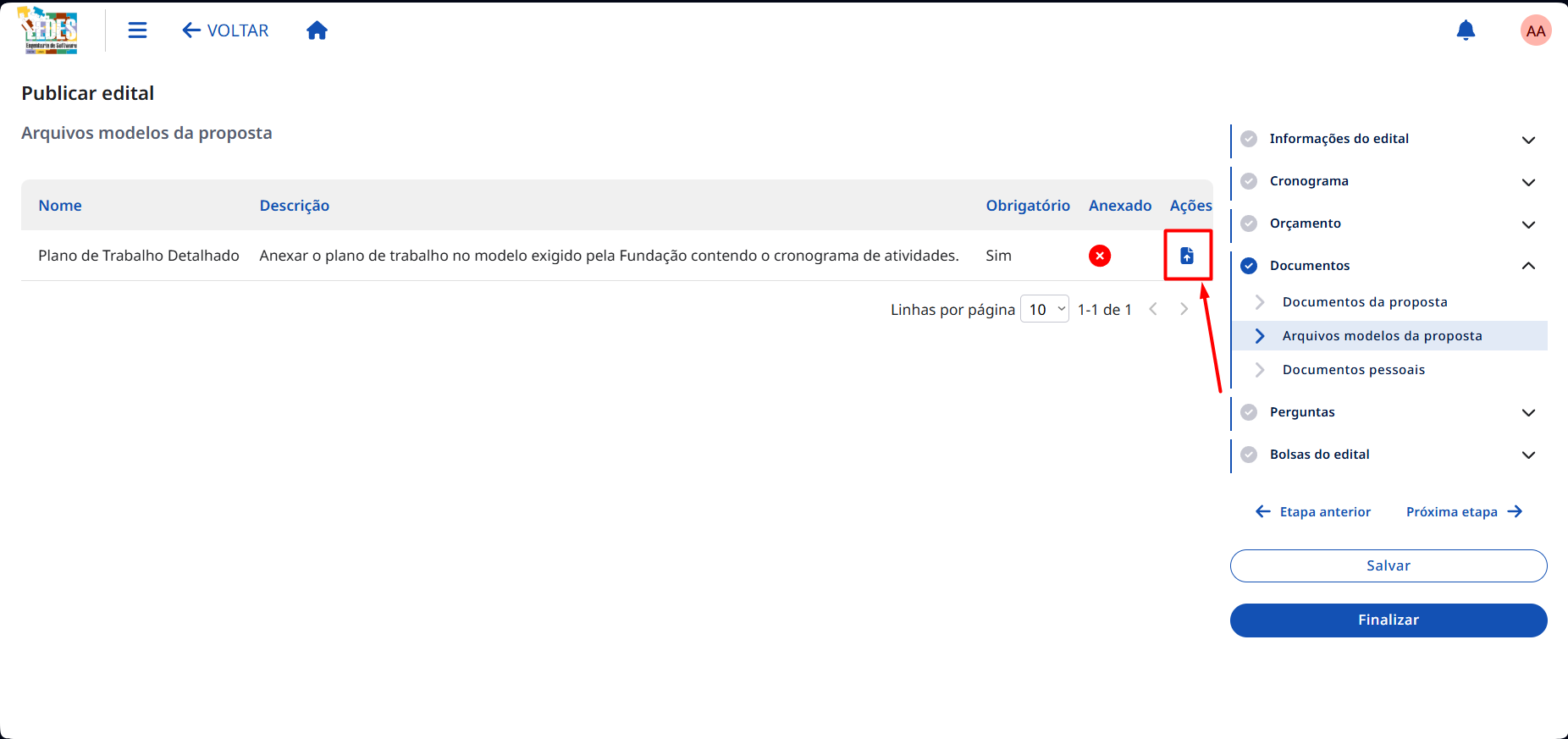 Clicando para adicionar um modelo. Botão Adicionar Arquivo Modelo na coluna de ações.