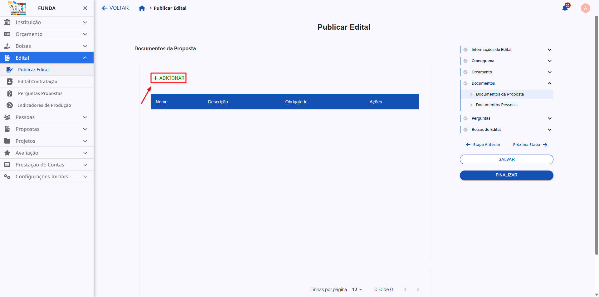 Botão para adicionar um novo requisito de documento.
