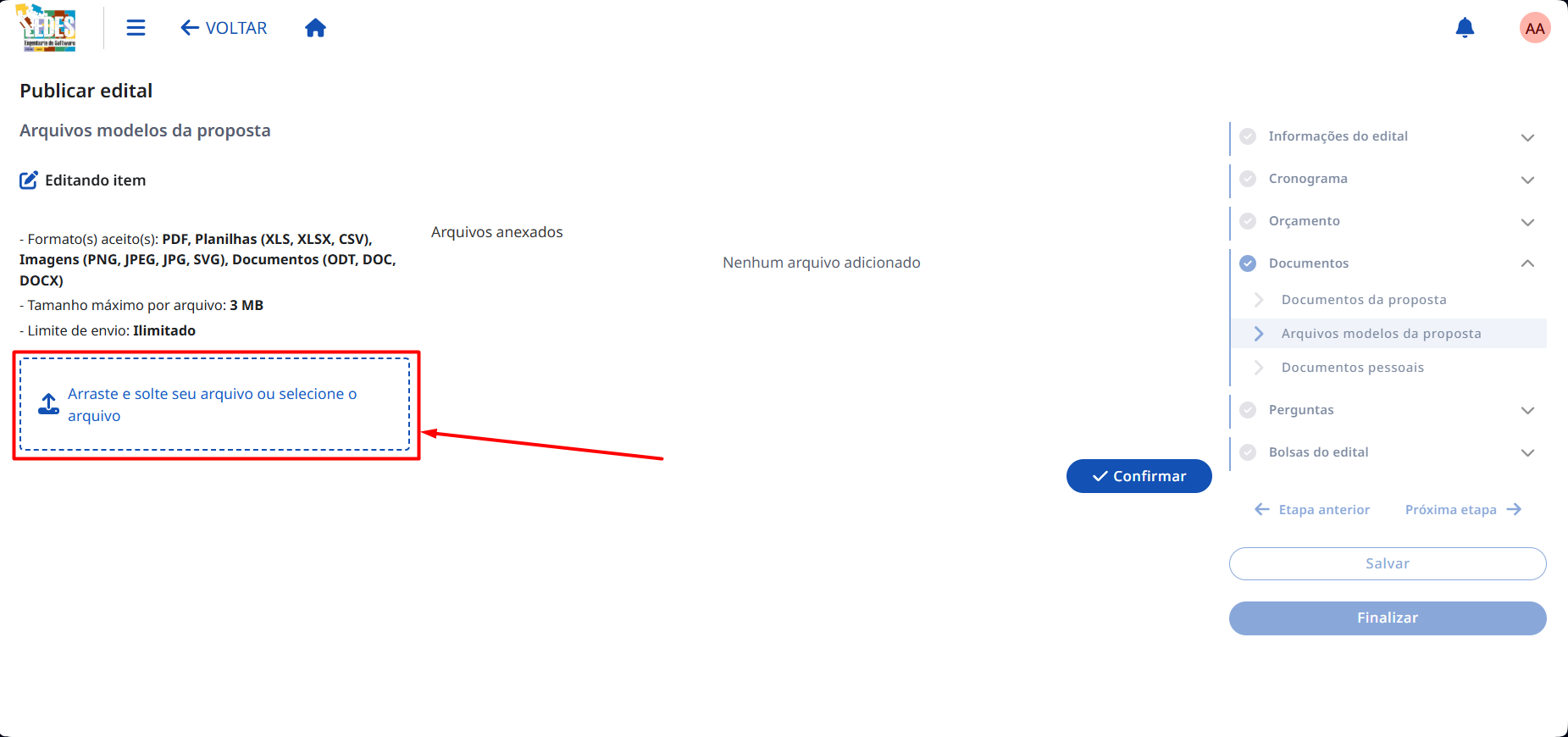 Selecionando o arquivo no computador. Tela para anexar o arquivo modelo.
