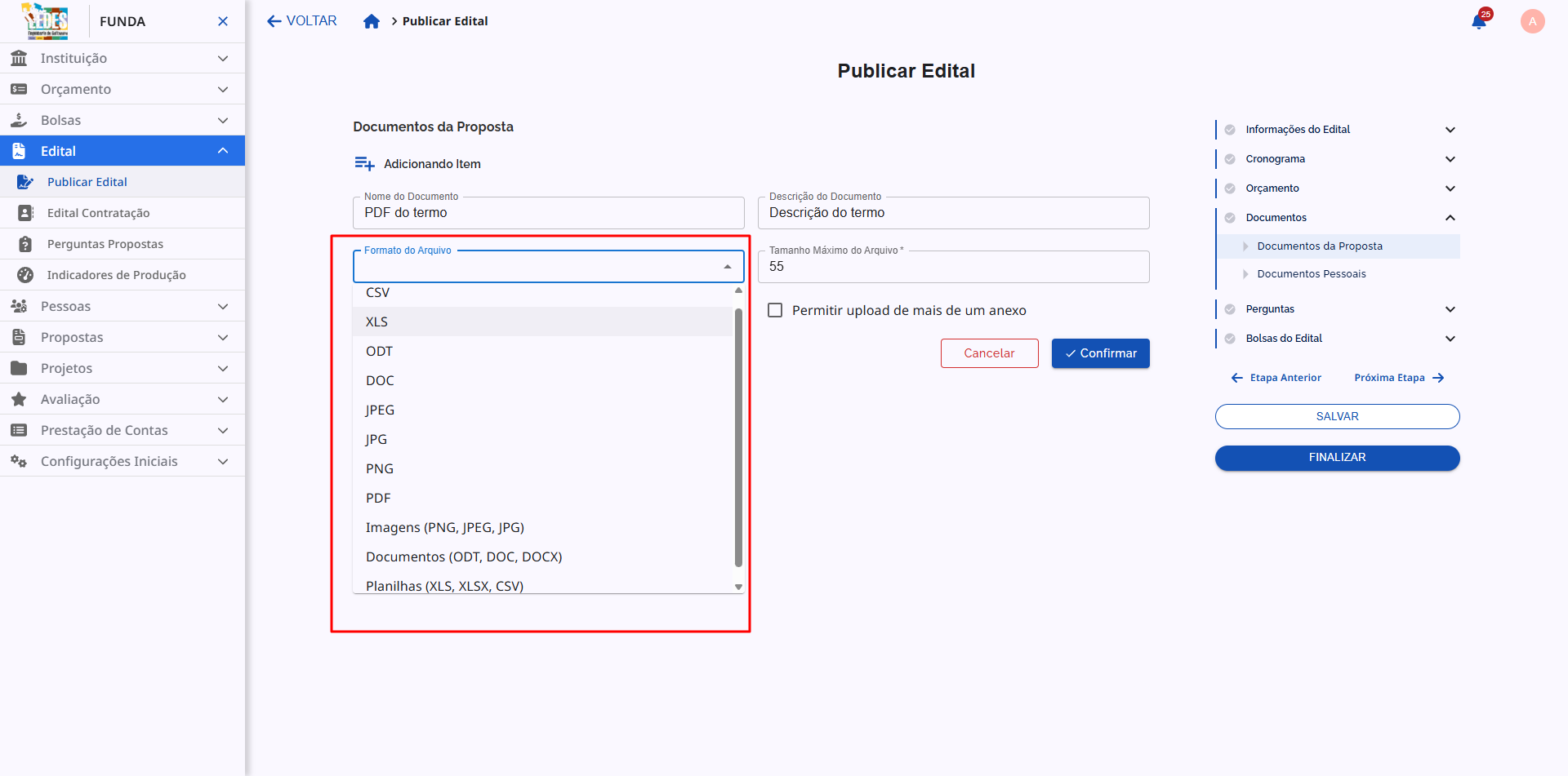 Campo de seleção múltipla para os formatos de arquivo permitidos.