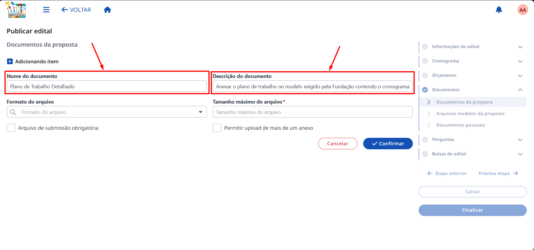 Preenchendo nome e descrição do anexo. Campo para inserir o Nome e Descrição do Documento.