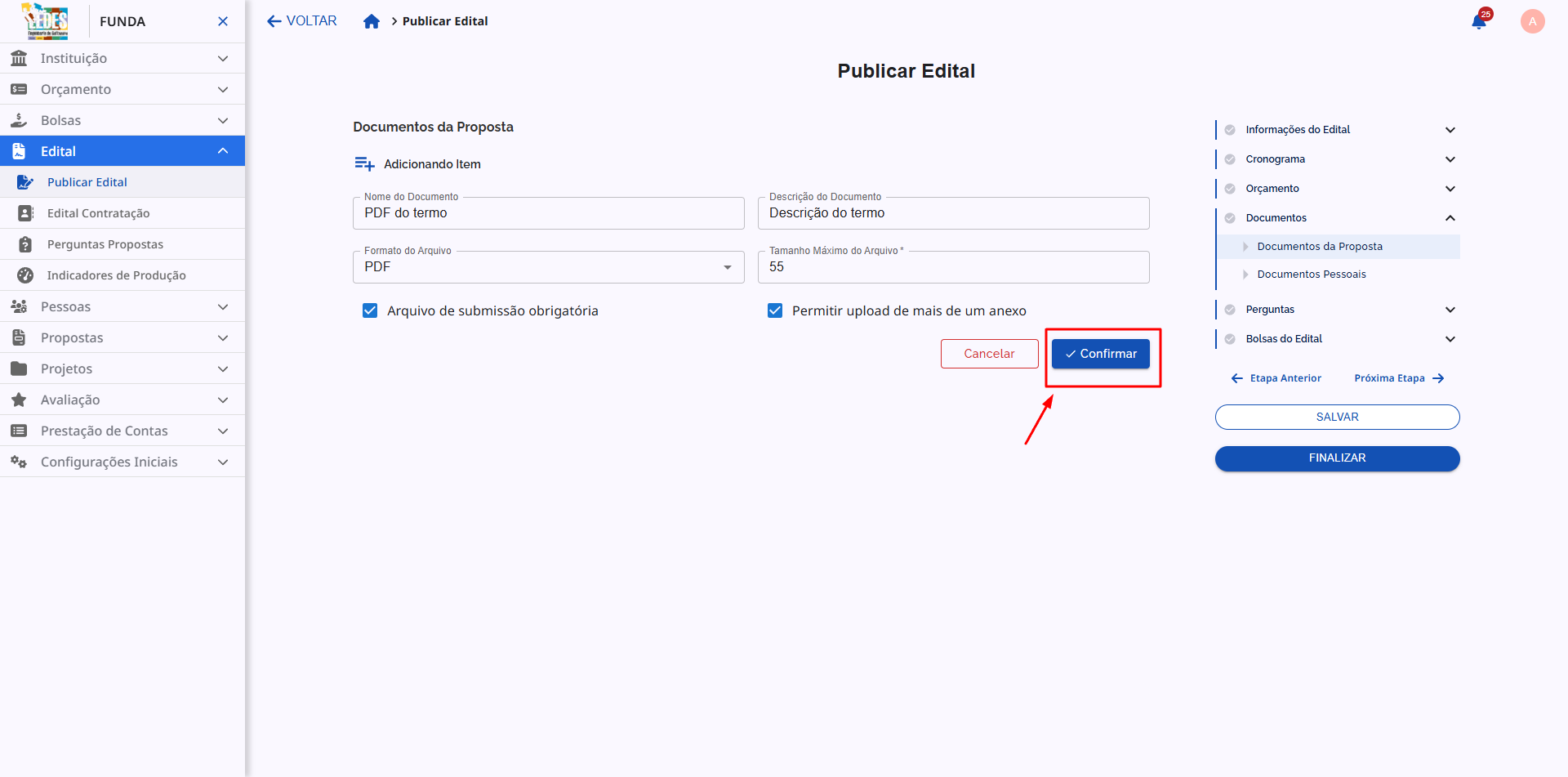 Formulário de Documento da Proposta preenchido e botão Salvar em destaque.