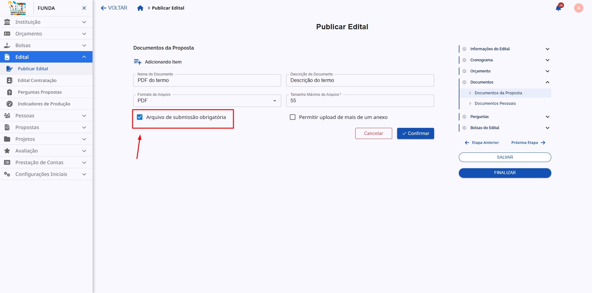 Checkbox para definir um documento como obrigatório.