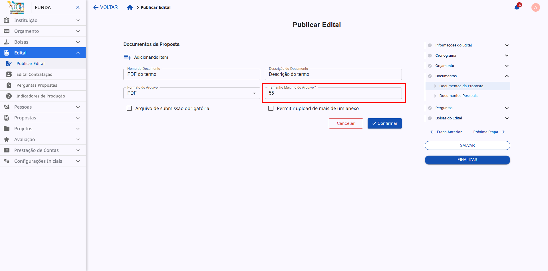 Campo para definir o tamanho máximo do arquivo em MB.