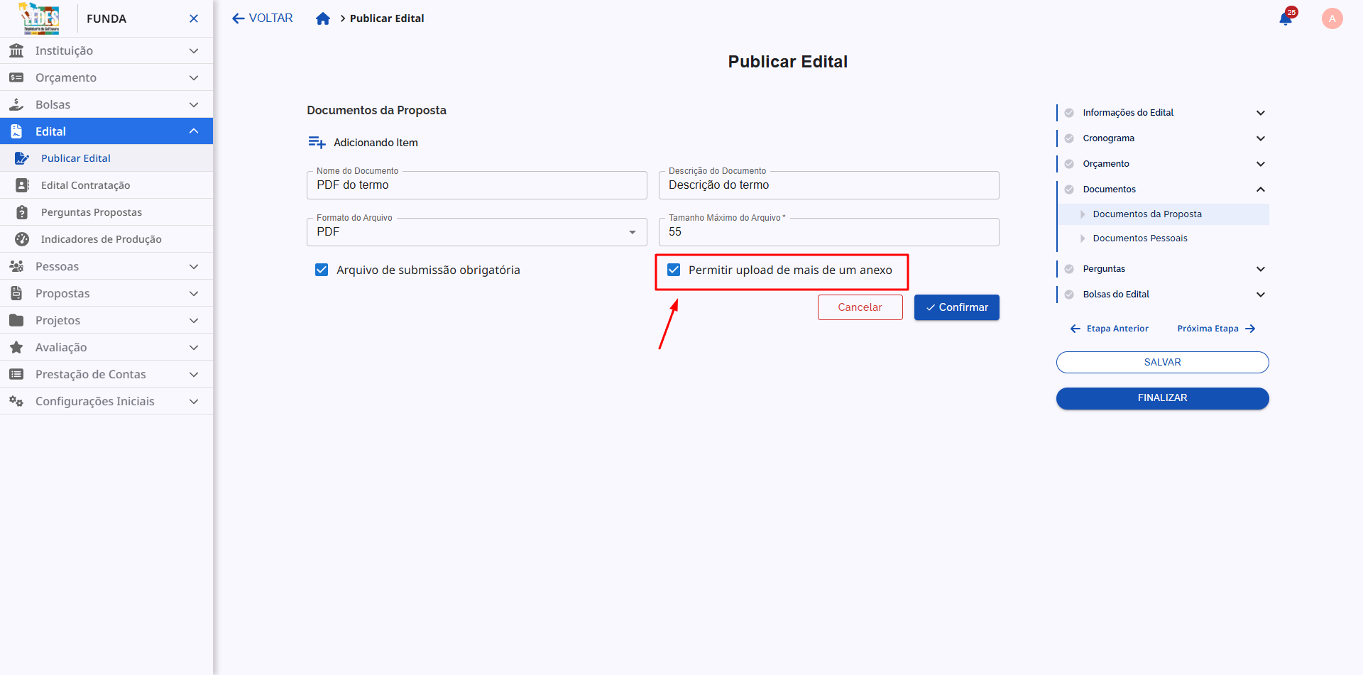 Checkbox para permitir o envio de múltiplos arquivos.