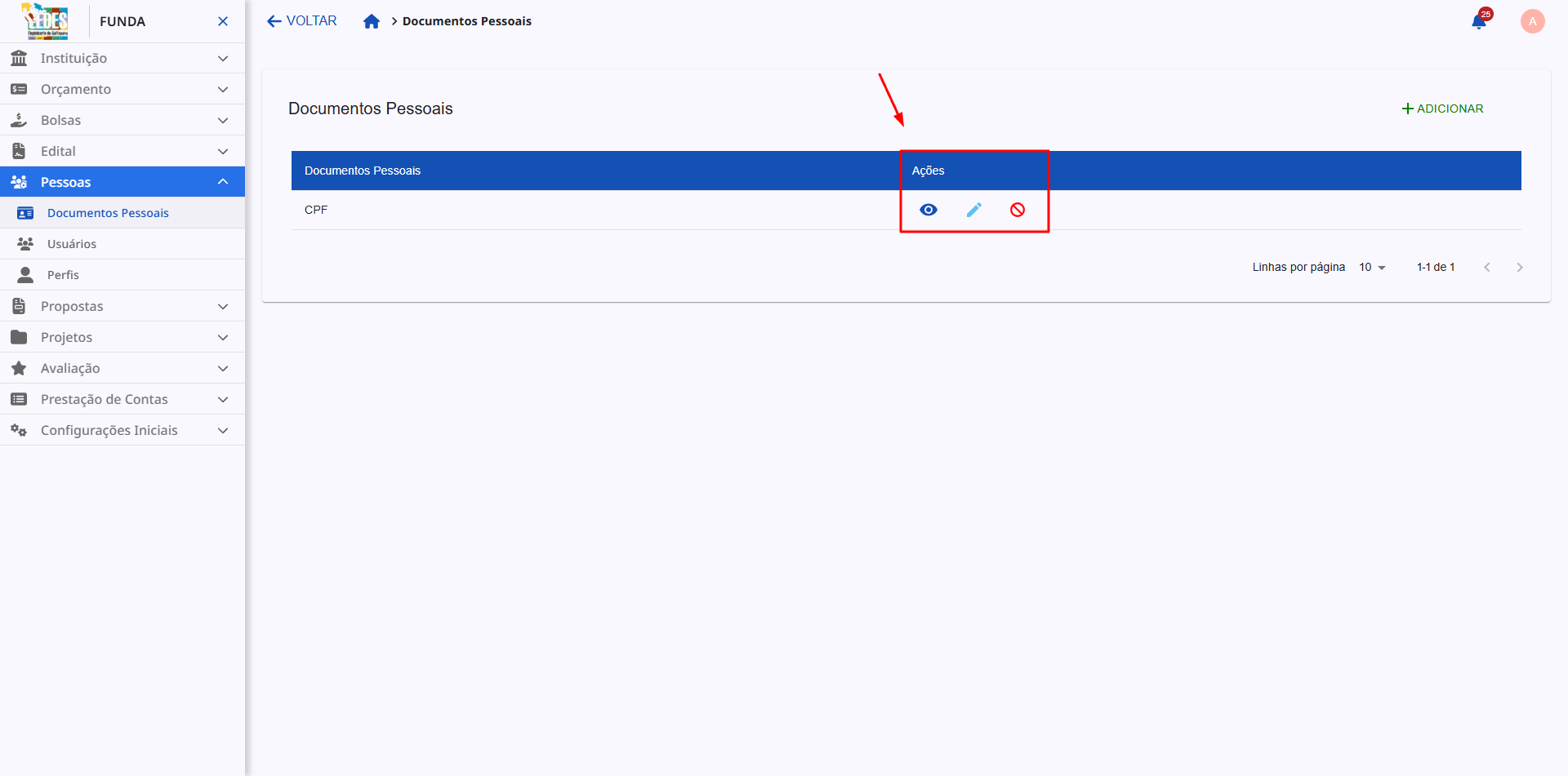 Coluna 'Ações' no banco de tipos de documento.