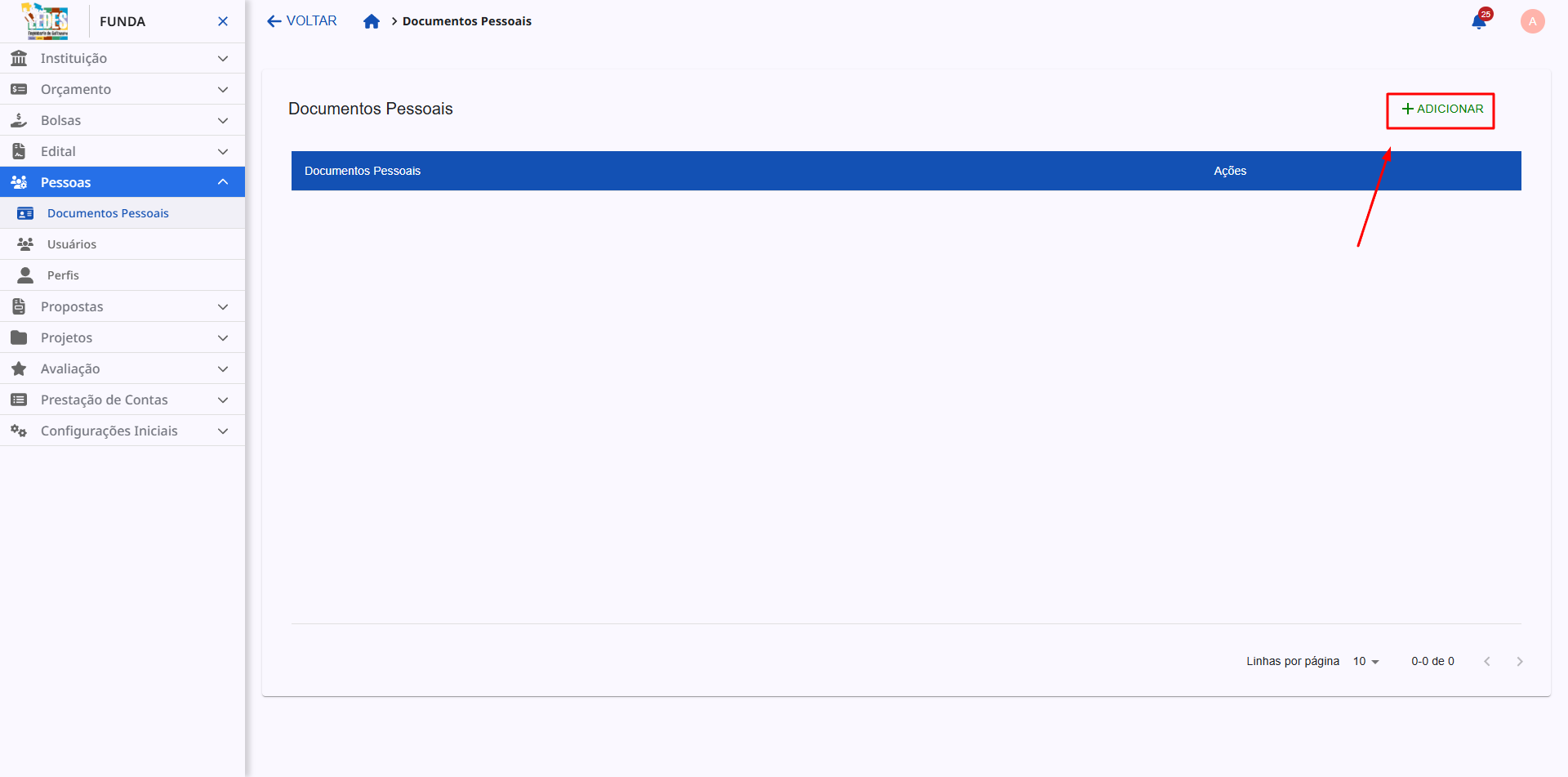 Botão para adicionar um novo tipo de documento ao banco.