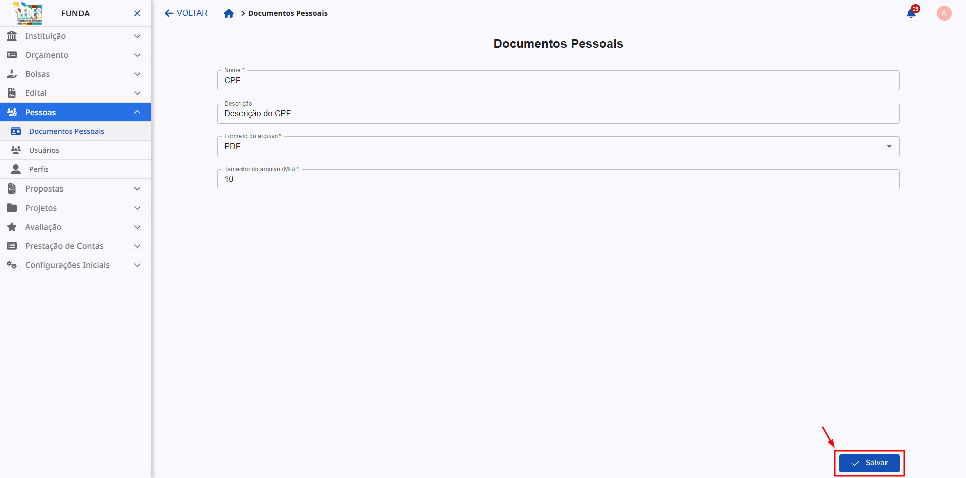 Tela principal do banco mostrando a lista de tipos de documentos já cadastrados.