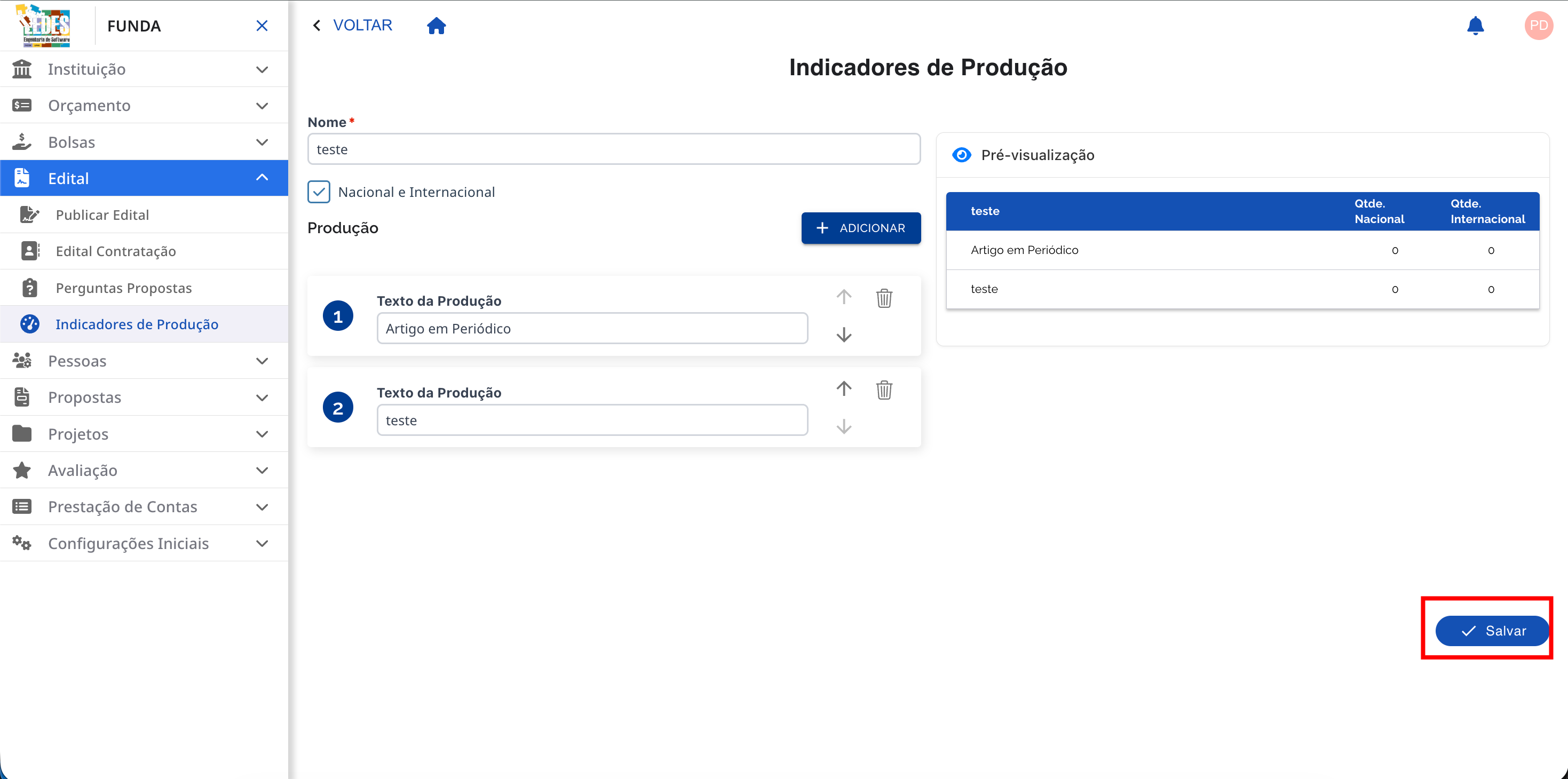 Tela de edição do indicador.