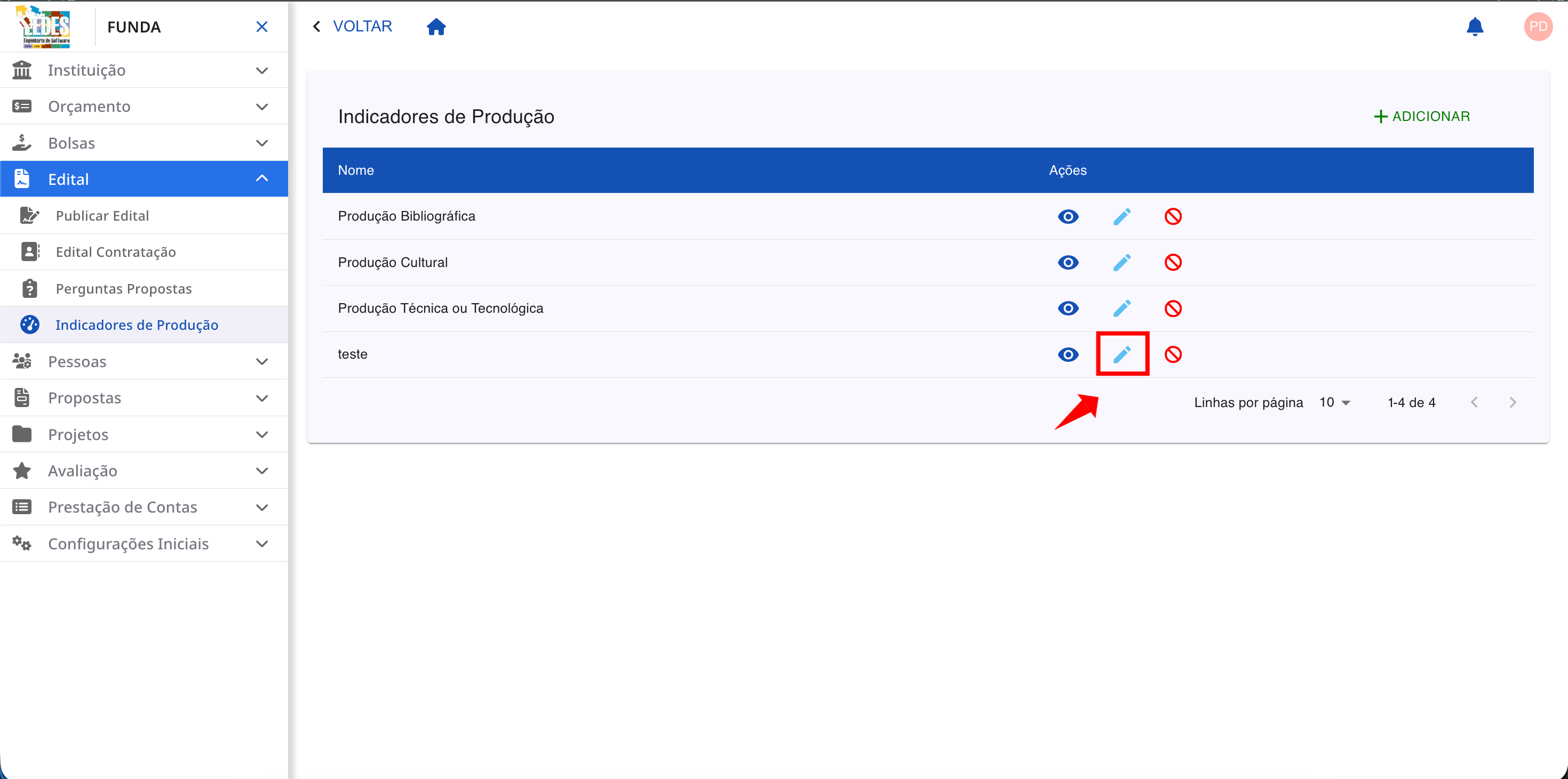 Ícone de lápis para editar o indicador.