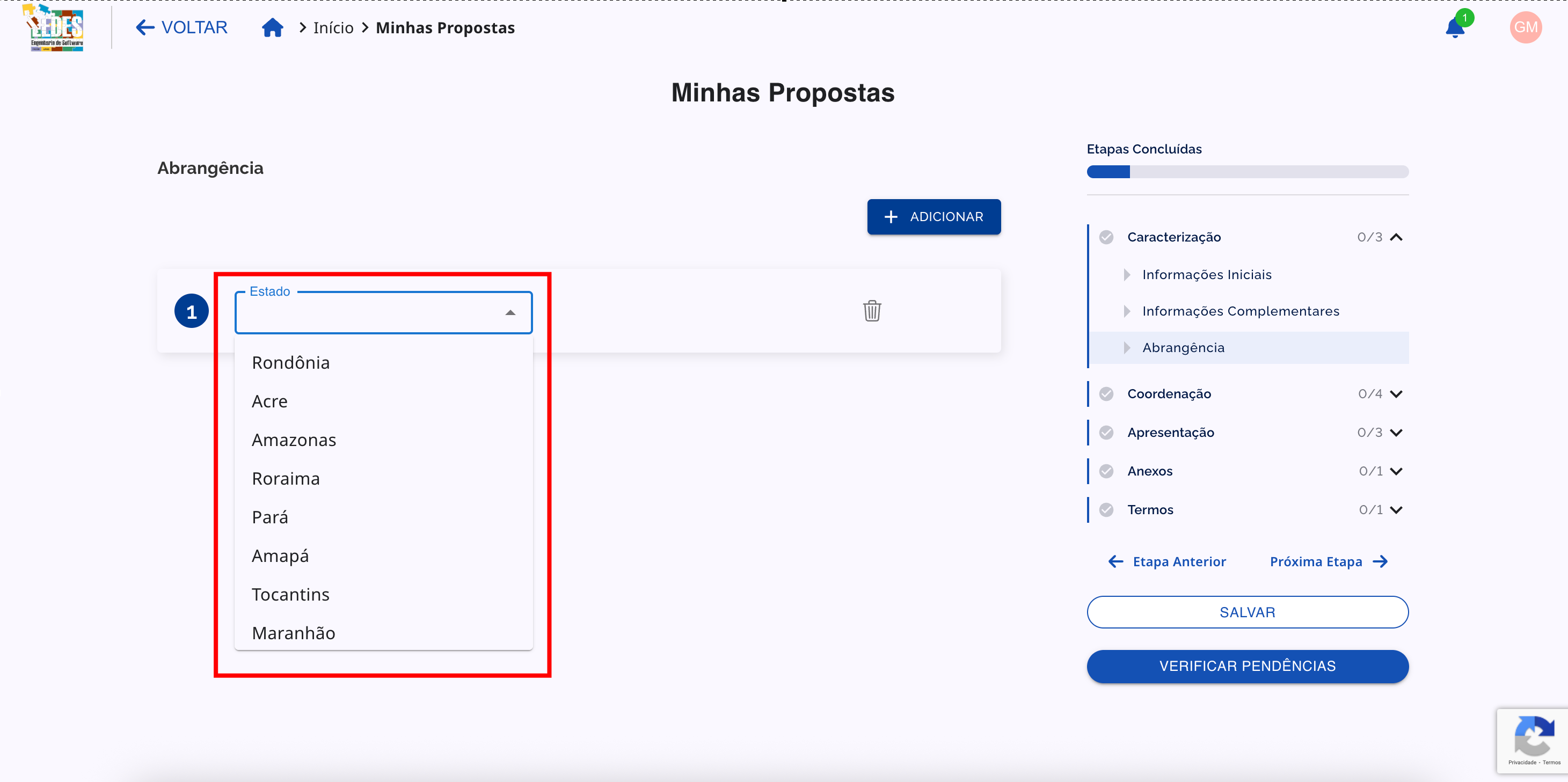 Exemplo de como a abrangência definida impacta o formulário de submissão do pesquisador.