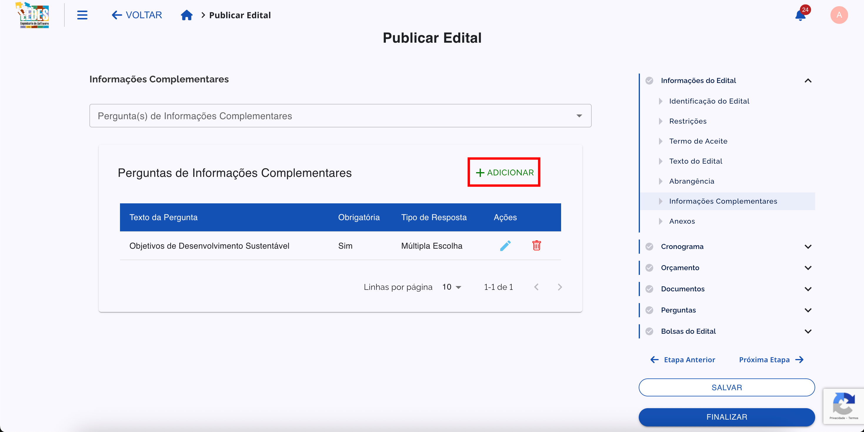 Botão Adicionar para criar uma nova pergunta complementar.