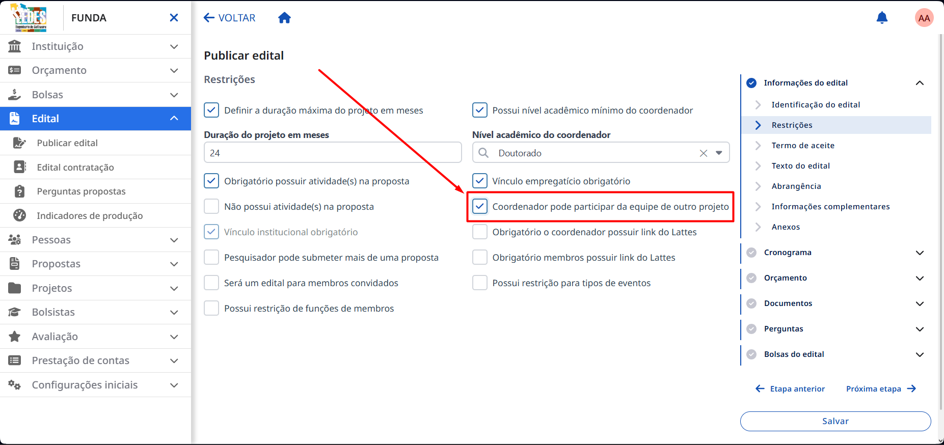 Checkbox para permitir que o coordenador participe da equipe de outro projeto.