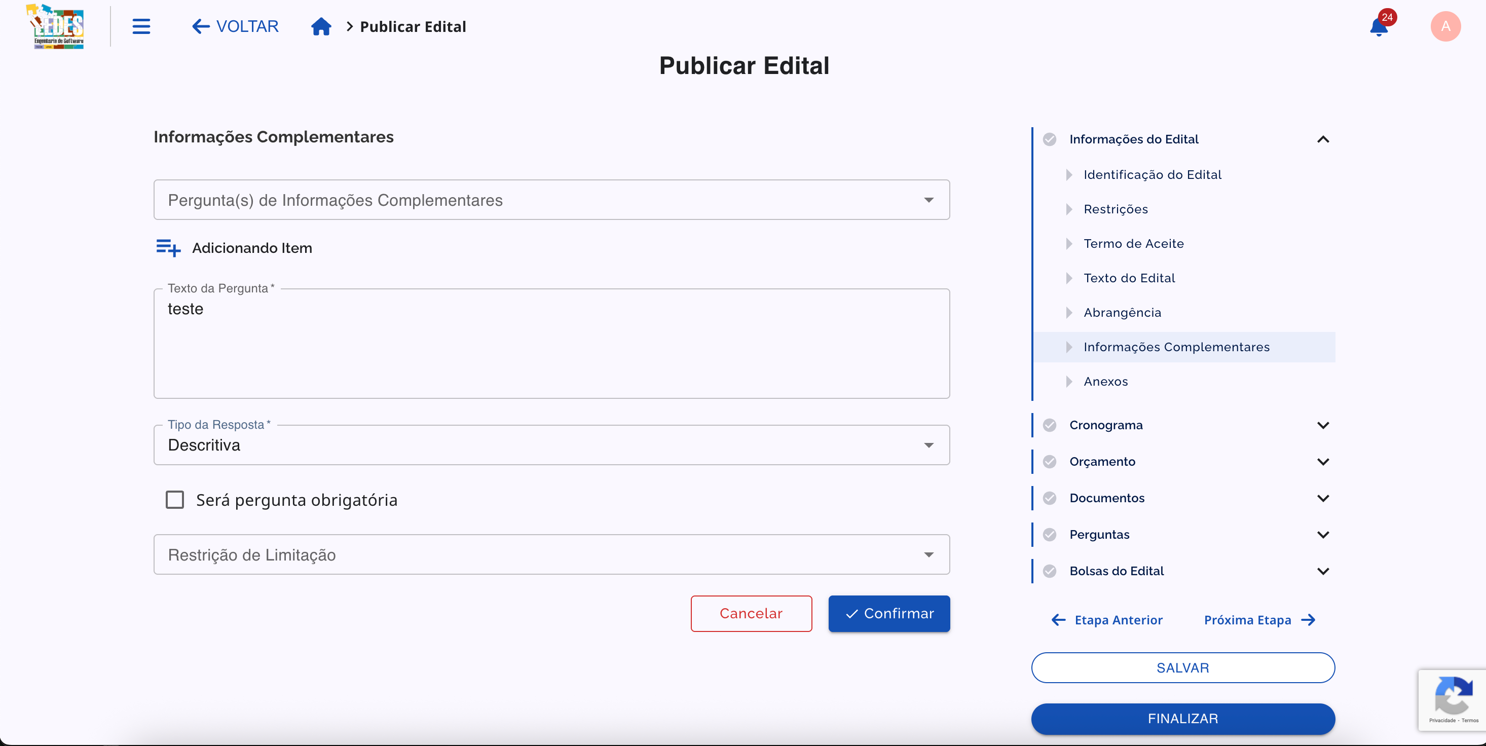 Formulário de criação de pergunta com todos os campos.