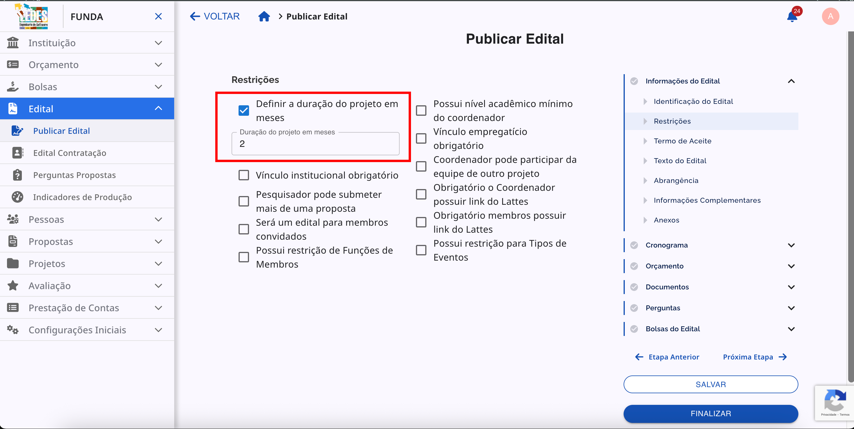 Campo para definir a duração máxima do projeto em meses.