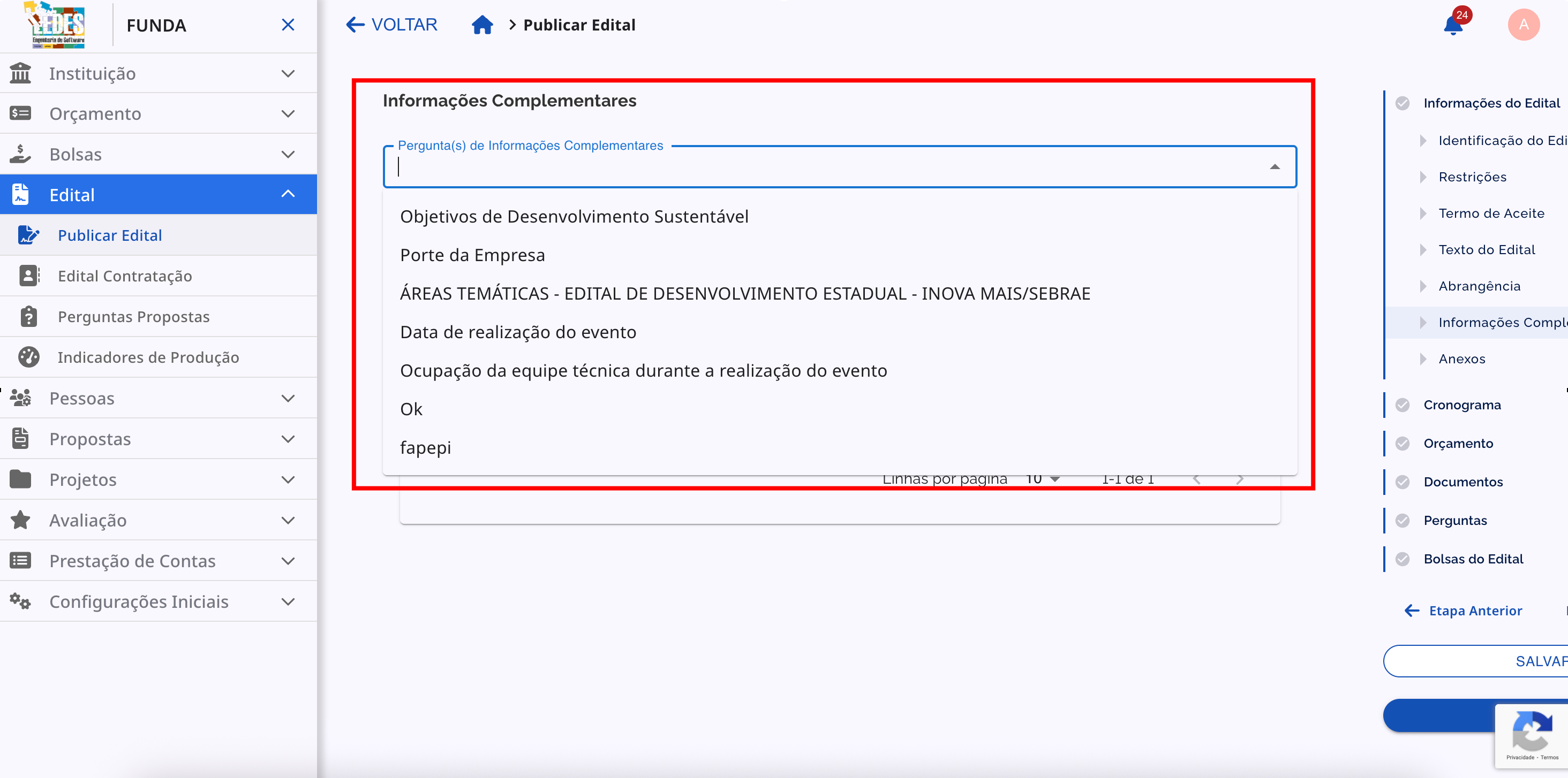 Tela da seção de Informações Complementares, mostrando a opção para adicionar perguntas.