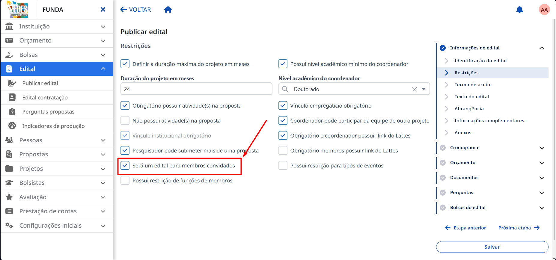 Checkbox indicando que o edital é para membros convidados.